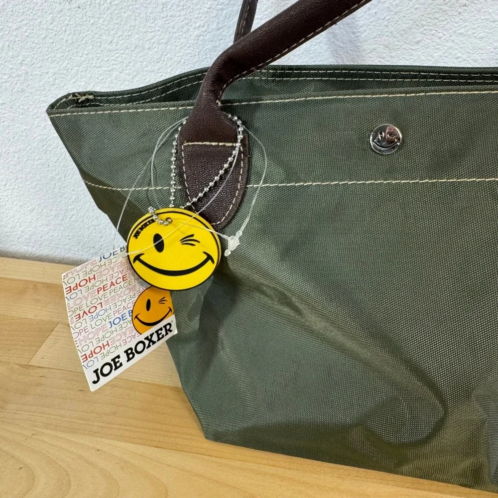 Joe Boxer Olive Green Nylon Tote Bag Smiley Face Charm Y2K Vintage Style NEW